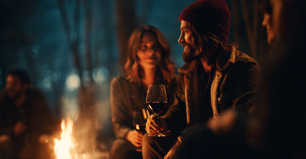 A glass of aged red wine resting in warm golden light, evoking a quiet, reflective moment