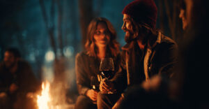 A glass of aged red wine resting in warm golden light, evoking a quiet, reflective moment